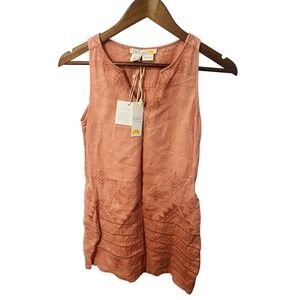 C&C California Womens XS 100% Linen Embroidered Sleeveless Tunic Dress Coral NWT